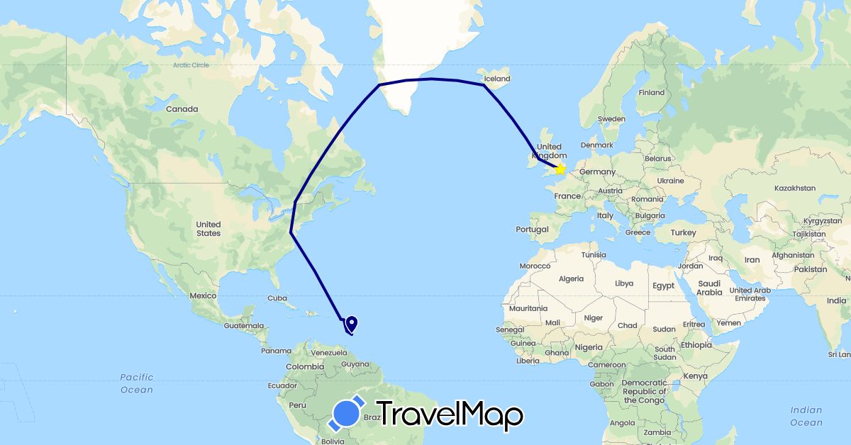 TravelMap itinerary: driving in Antigua and Barbuda, Barbados, Canada, Dominica, United Kingdom, Greenland, Ireland, Iceland, Saint Kitts and Nevis, Saint Lucia, United States (Europe, North America)
